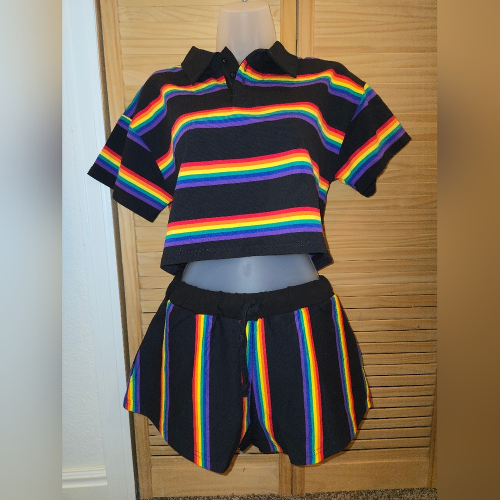 Rainbow Striped Crop Top Polo and Shorts Set *Rave* New